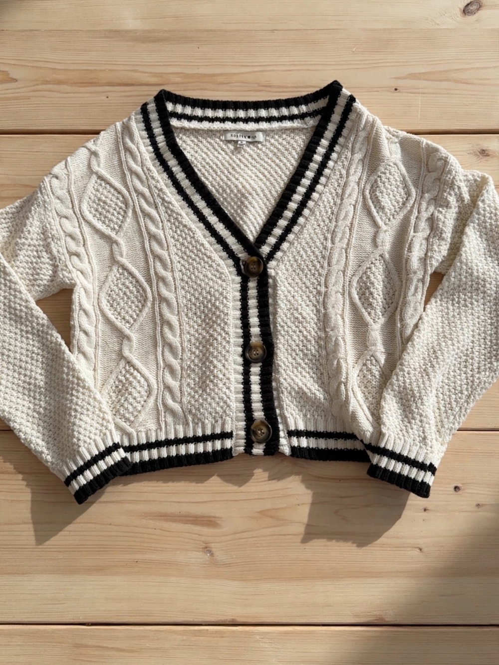Hooked Up by IOT Ivory Cable-Knit V-Neck Cardigan with Black Trim